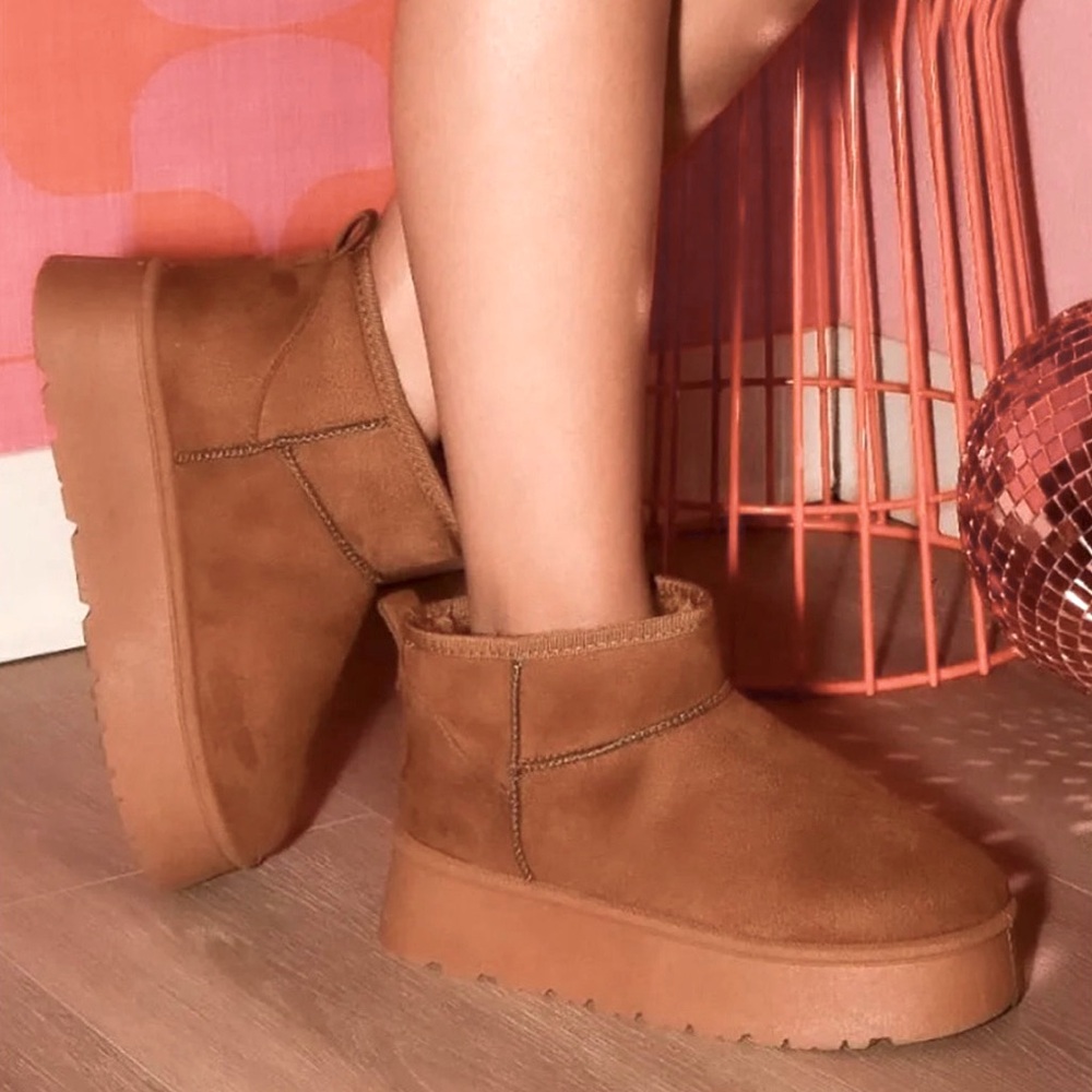 WILD DIVA Suede Tan Round Toe Platform Booties